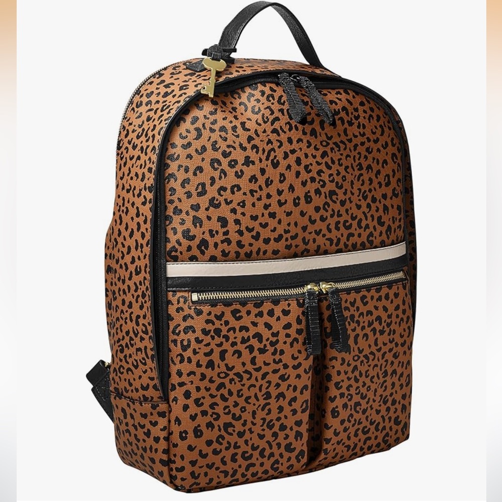 Fossil Tess Leather Leopard Print Laptop Backpack EUC